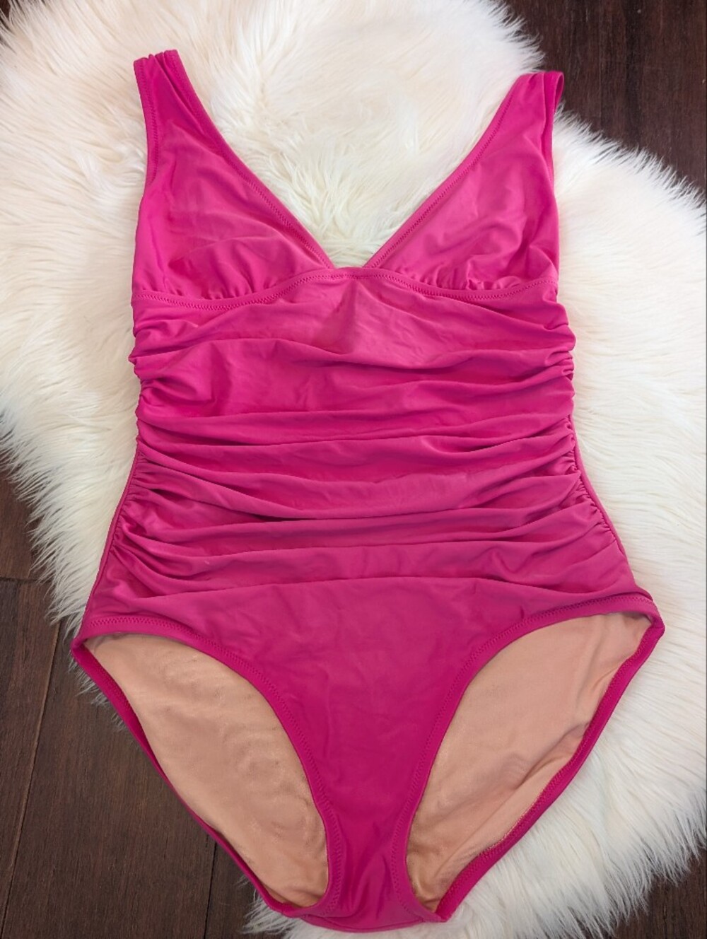J. Crew V Neck Bright Pink Ruched One-Piece Swimsuit Size 8